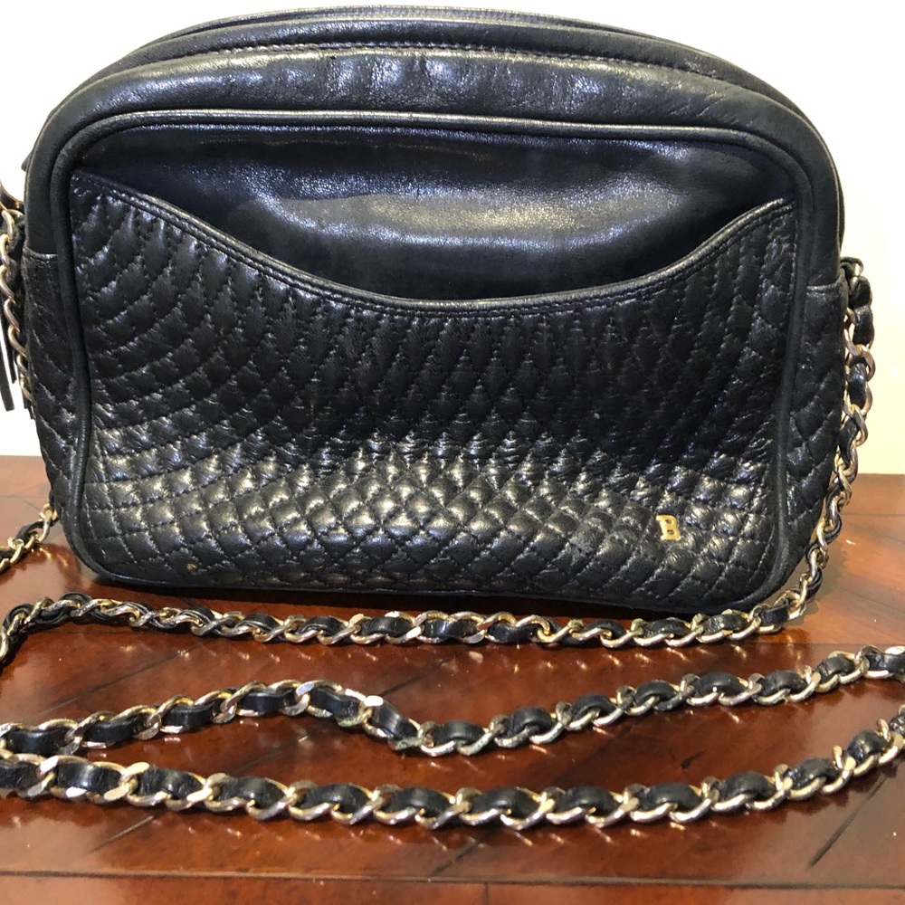 Auth BALLY Quilting Leather Tassel Chain Shoulder Cross Body Bag Black